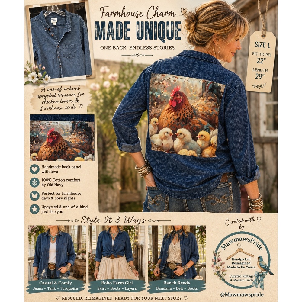 Farmhouse Hen & Chicks Upcycled Cottagecore Chicken Lover Button Down | Size L